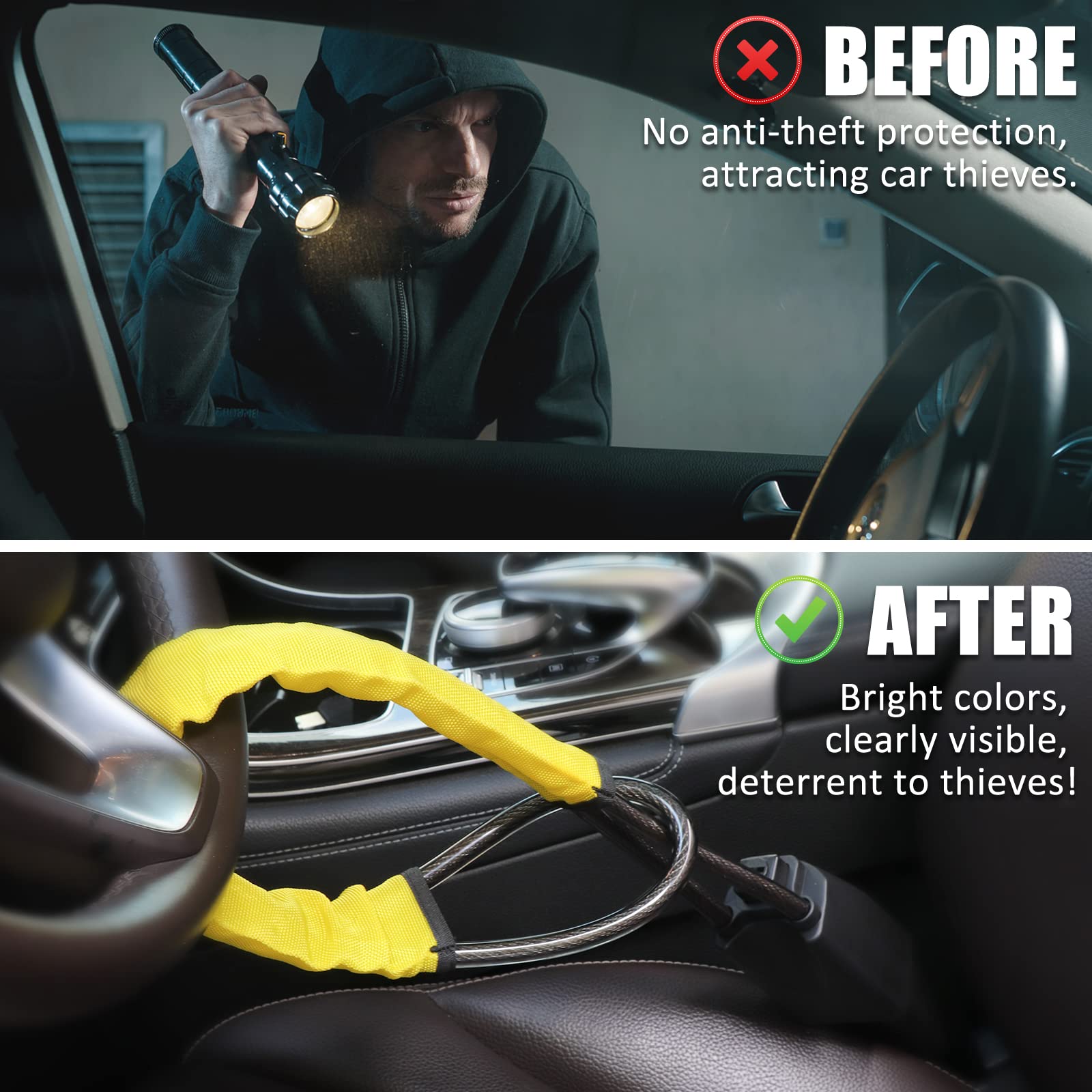 Tevlaphee Steering Wheel Lock, Steering Lock, Car Steering Wheel Locks, Steering Wheel to Seat Belt Lock, High Visibility Car Lock Anti-Theft Device, Heavy Duty, Universal Fit, 3Keys (Green)