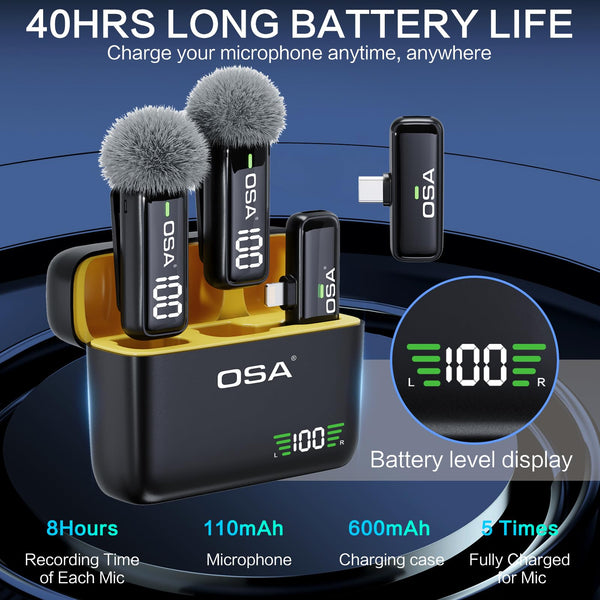 OSA Wireless Microphone for iPhone iPad with Smart Charge Case and Digital Display, 40H Clip on Wireless Lavalier Microphone with Noise Reduction for Video Recording, Plug & Play (2 Mic, 2 Recive)
