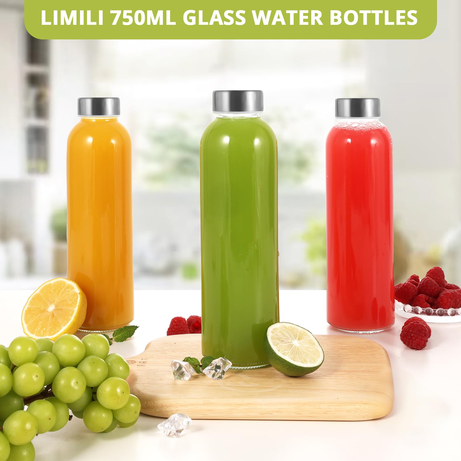 LIMILI Glass Bottles With Stainless Steel Lids, 300/350/750/1000ML Water Bottles, Leak Proof Reusable Drinking Bottles for Hot Cold Drinks, Work, Gym, Home