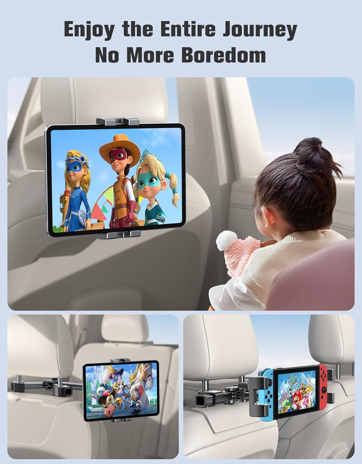 Rolgno Tablet Holder for Car, [Folding Extension Arm] Adjustable Headrest Holder Stand for Kids, Tablet Mount Back Seat Compatible with iPad Pro/Air/Mini, Galaxy Tab & 4.7-12.9" Devices