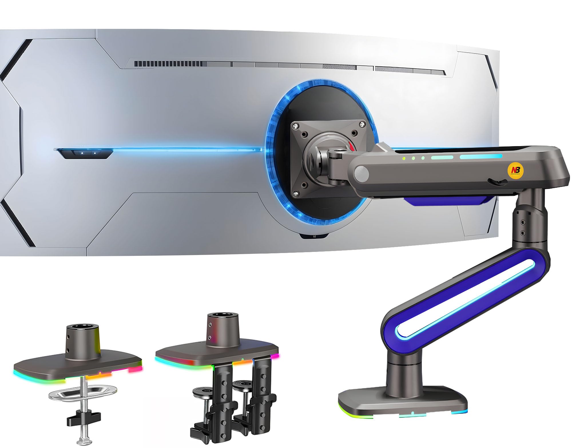 NB Ergonomic Monitor Stand for Screen 32 to 60 inch, RGB Ultrawide Curved Monitor Arm 49 57 inch - Load up to 20 kg, VESA 75 & 100 mm (Black)
