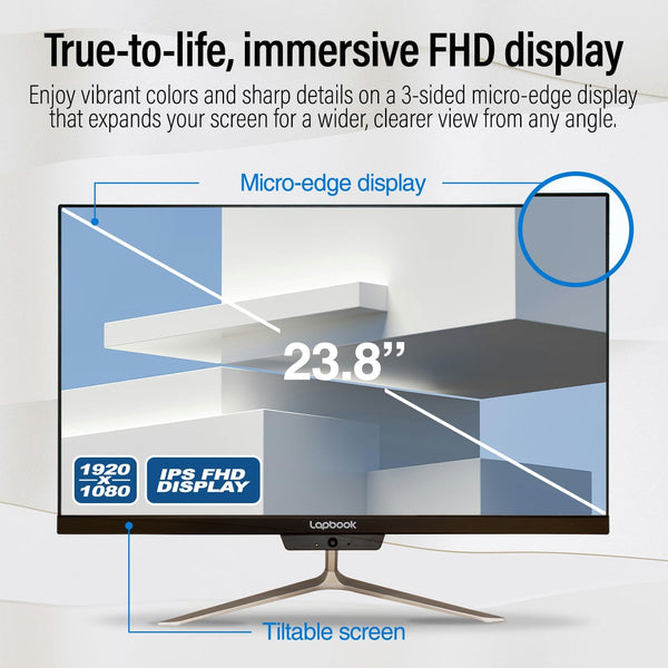 23.8" Full HD All in One Desktop Computer - 16GB RAM, 512GB SSD, Windows 11, Intel 13th Gen, Dual-Band WiFi, HDMI, USB 3.0, FHD IPS Display - AIO PC with Wireless Keyboard, Mouse, 2MP Web Camera