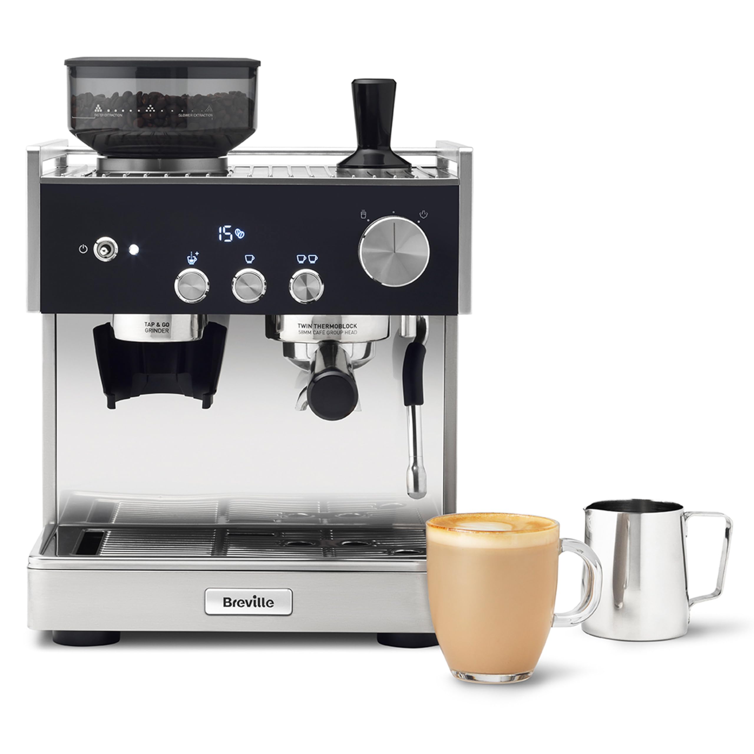 Breville Barista Max Espresso Machine | Latte & Cappuccino Coffee Maker with Integrated Bean Grinder & Steam Wand | 2.8 L Water Tank | 15 Bar Italian Pump | Stainless Steel