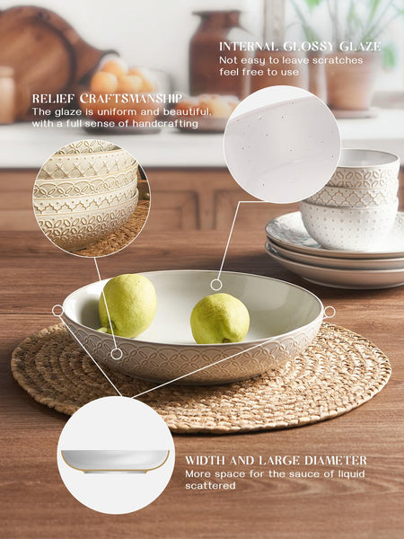 DOWAN Pasta Bowls Set of 4, 1660ml Large Salad Bowl, 25.2cm Wide and Shallow, Deep Soup Plates for Kitchen, Embossment Ceramic Serving Plate for