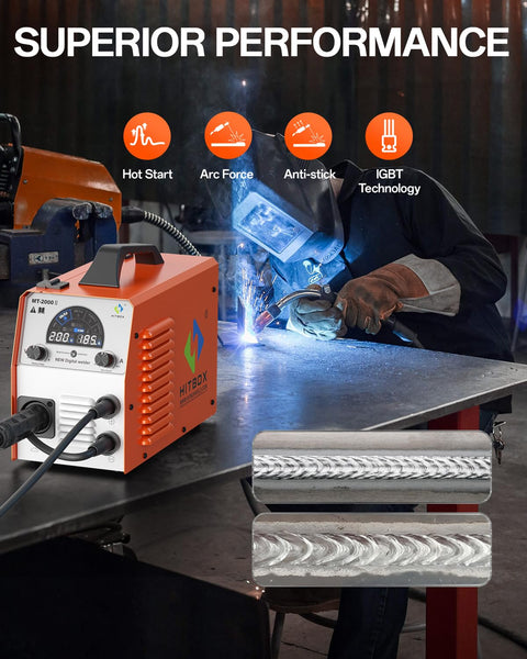 HITBOX Gasless MIG Welder 240V 200A, 3-in-1 Synergy Welding Machine MIG/ARC/Lift TIG with LED Display, Flux Core Wire & MIG Torch – IGBT Inverter Portable Welder(HBM200)
