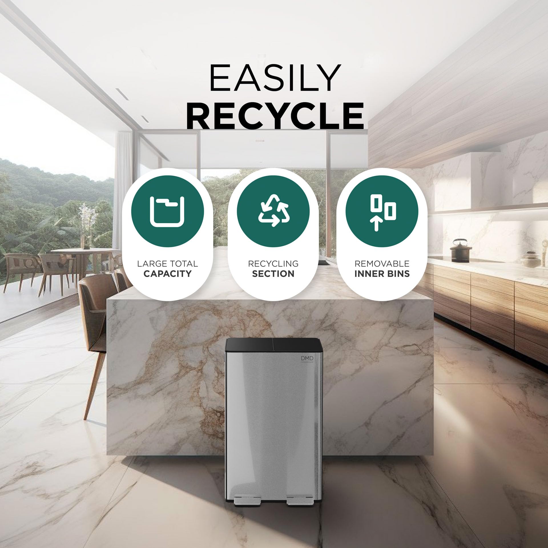 DMD | 60L Dual Stainless Steel Rubbish Bin, 2 x 30L Removable Recycling Bins | 3L Compost Bin Included, Soft Closure, Easy Clean, Metal Pedals,