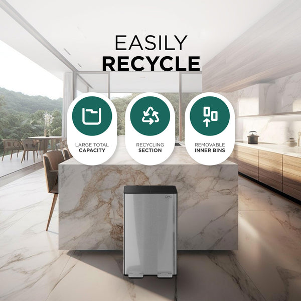 DMD | 60L Dual Stainless Steel Rubbish Bin, 2 x 30L Removable Recycling Bins | 3L Compost Bin Included, Soft Closure, Easy Clean, Metal Pedals,