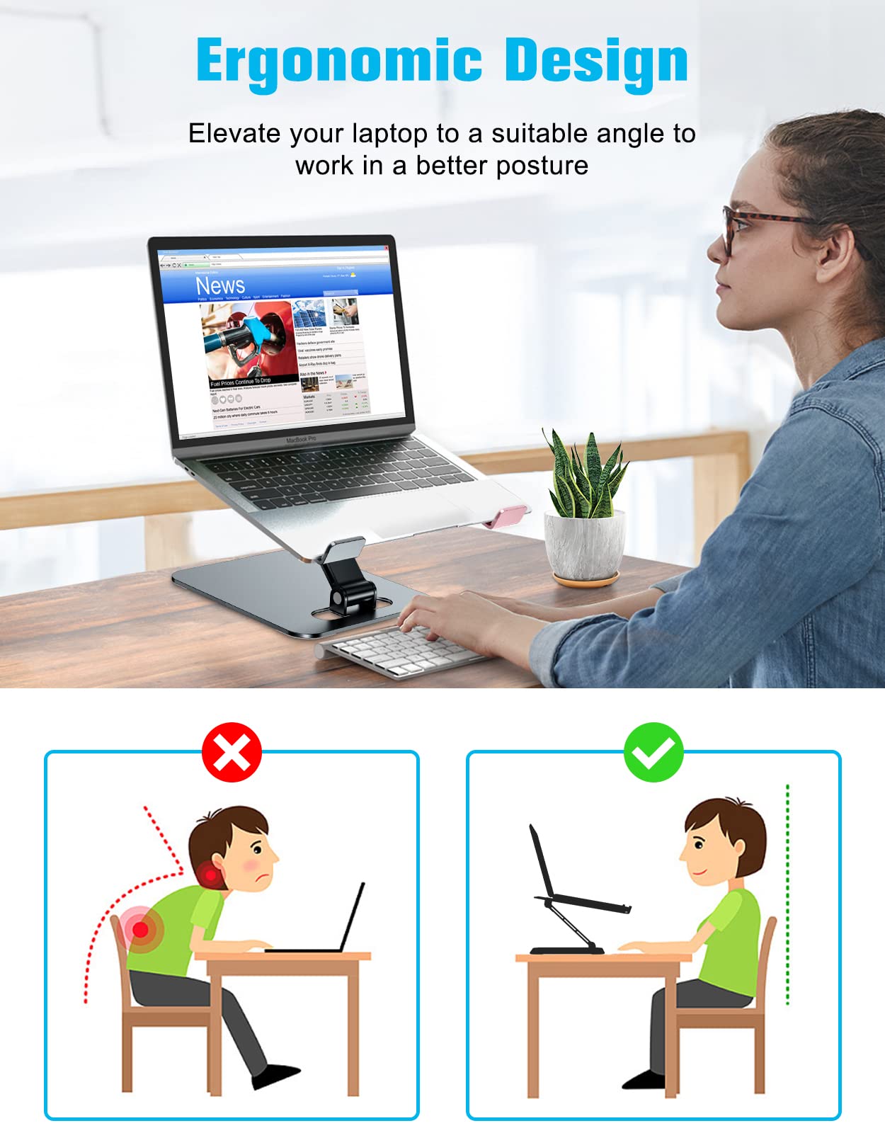 Laptop Stand Lap Desk, Ergonomic Foldable Computer Stand with Adjustable Height, Ventilated Aluminium Alloy Riser Compatible with MacBook Air, Pro, All 10-16" Laptops (Silver)