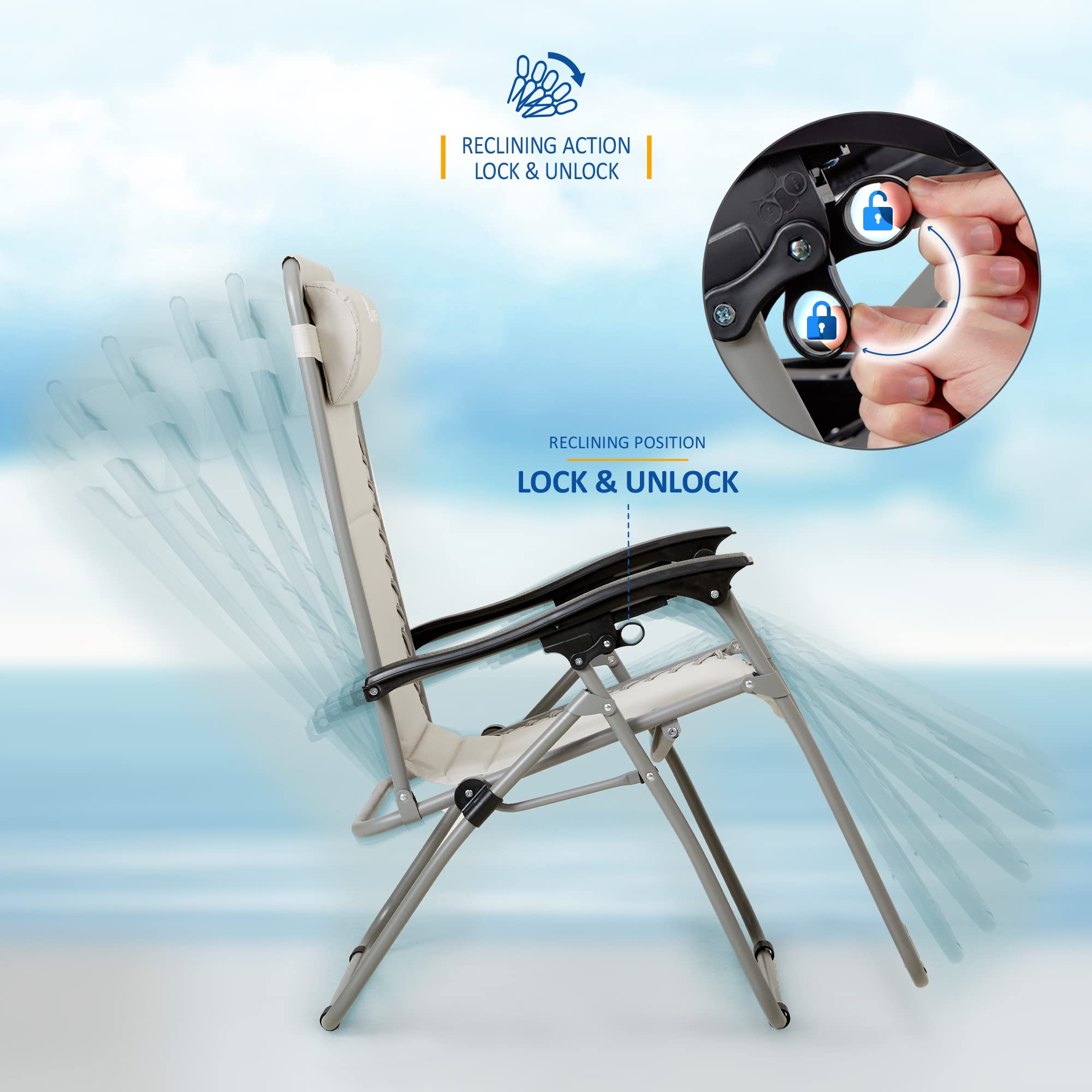 Set of 2 Sun Lounger Garden Chairs With Cup And Phone Holder | Adjustable Headrest Pillow | Deck Folding Recliner Zero Gravity Outdoor Chair - Black