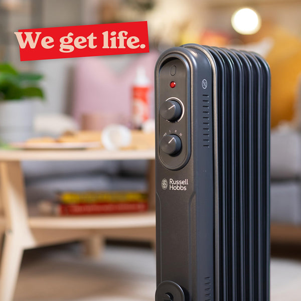 Russell Hobbs 1500W/1.5KW Oil Filled Radiator, 7 Fin Portable Electric Heater - Anthracite, Adjustable Thermostat, 3 Heat Settings, Overheat Protection, 15m sq Room Size, 2 Year Guarantee RHOFR7004A