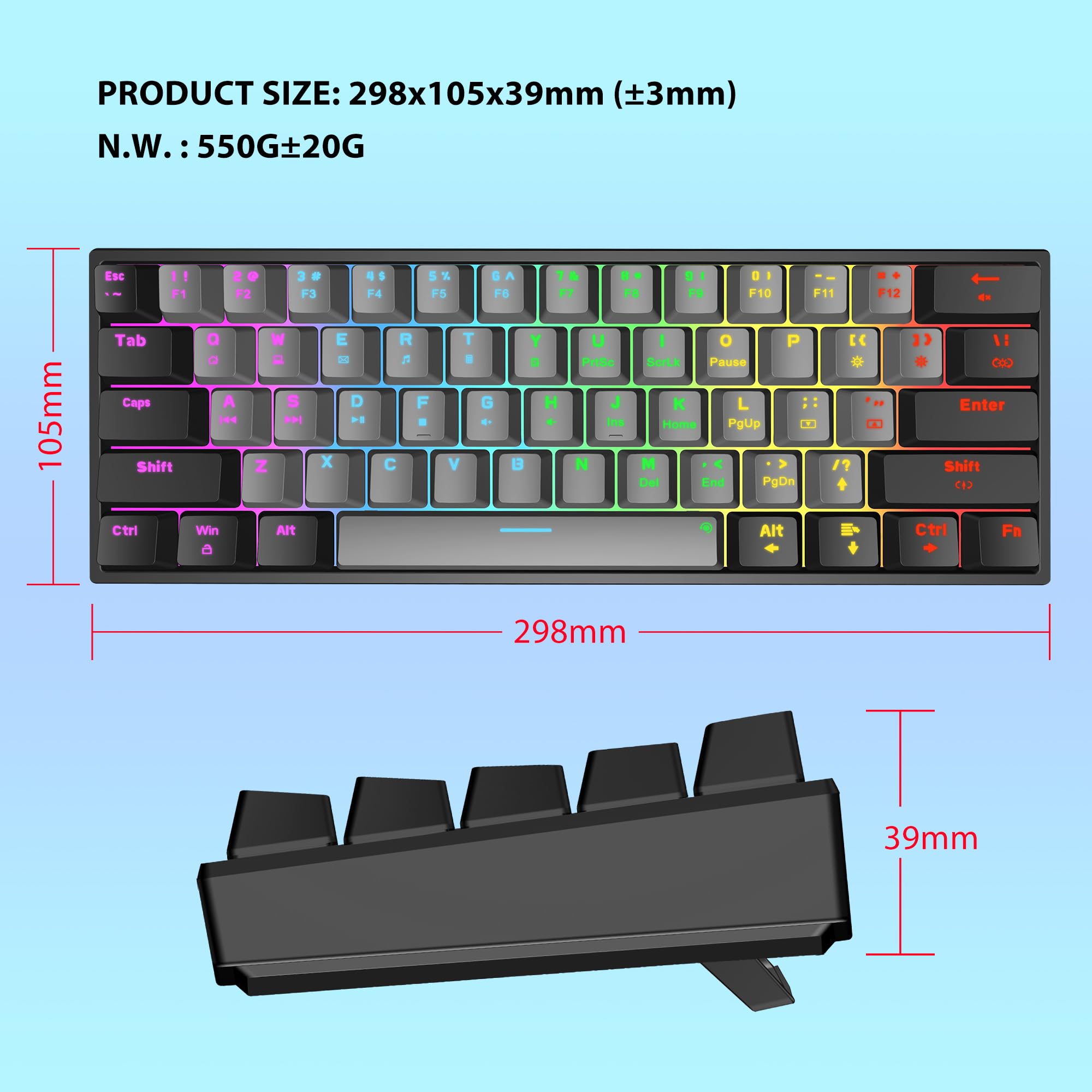 Snpurdiri 60% Wired Mechanical Gaming Keyboard, Mini 61-Key With Red Switches for PC, Windows XP, Win 7, Win 10 (Black-Red)