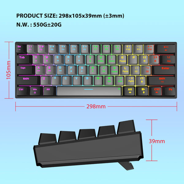 Snpurdiri 60% Wired Mechanical Gaming Keyboard, Mini 61-Key With Red Switches for PC, Windows XP, Win 7, Win 10 (Black-Red)