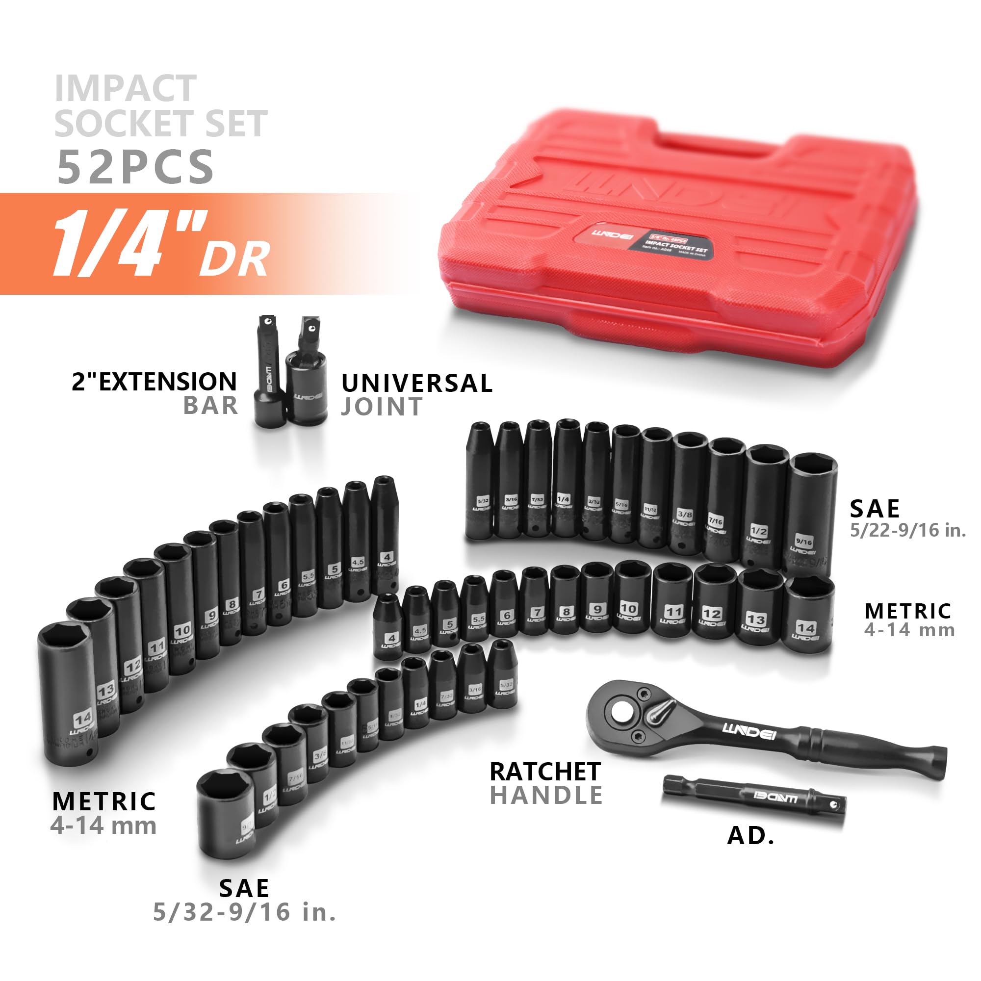 LLNDEI 1/4-Inch Drive Impact Socket Set, 52 PCS Mechanic Tool Set with Ratchet & Adapter, CR-V, Metric and Standard Full Sockets with Storage Tool Kit for Household & Automotive Repair & DIY Project
