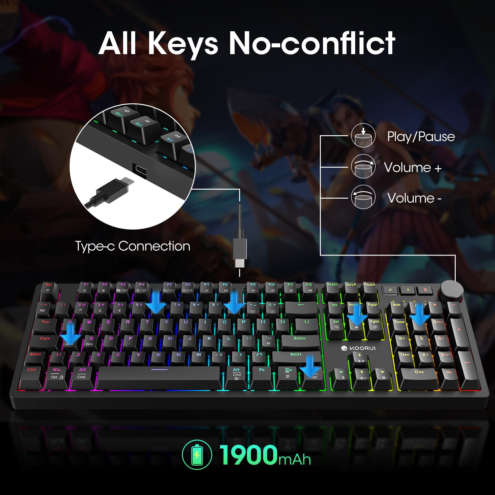 KOORUI Gaming Keyboards, 26 RGB Backlit Mechanical Keyboard Wired 104 Keys Full Size UK Layout with Blue Switch Gamer Keyboards for Windows MacOS Linux