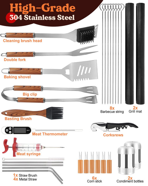 KALAHOL 7-in-1 BBQ Tools Set Extra Thick Stainless Steel Grill Tool Set with Storage Bag, Premium Complete Outdoor BBQ Utensils Set Professional Barbecue Accessories BBQ Kit for Men and Women Gift