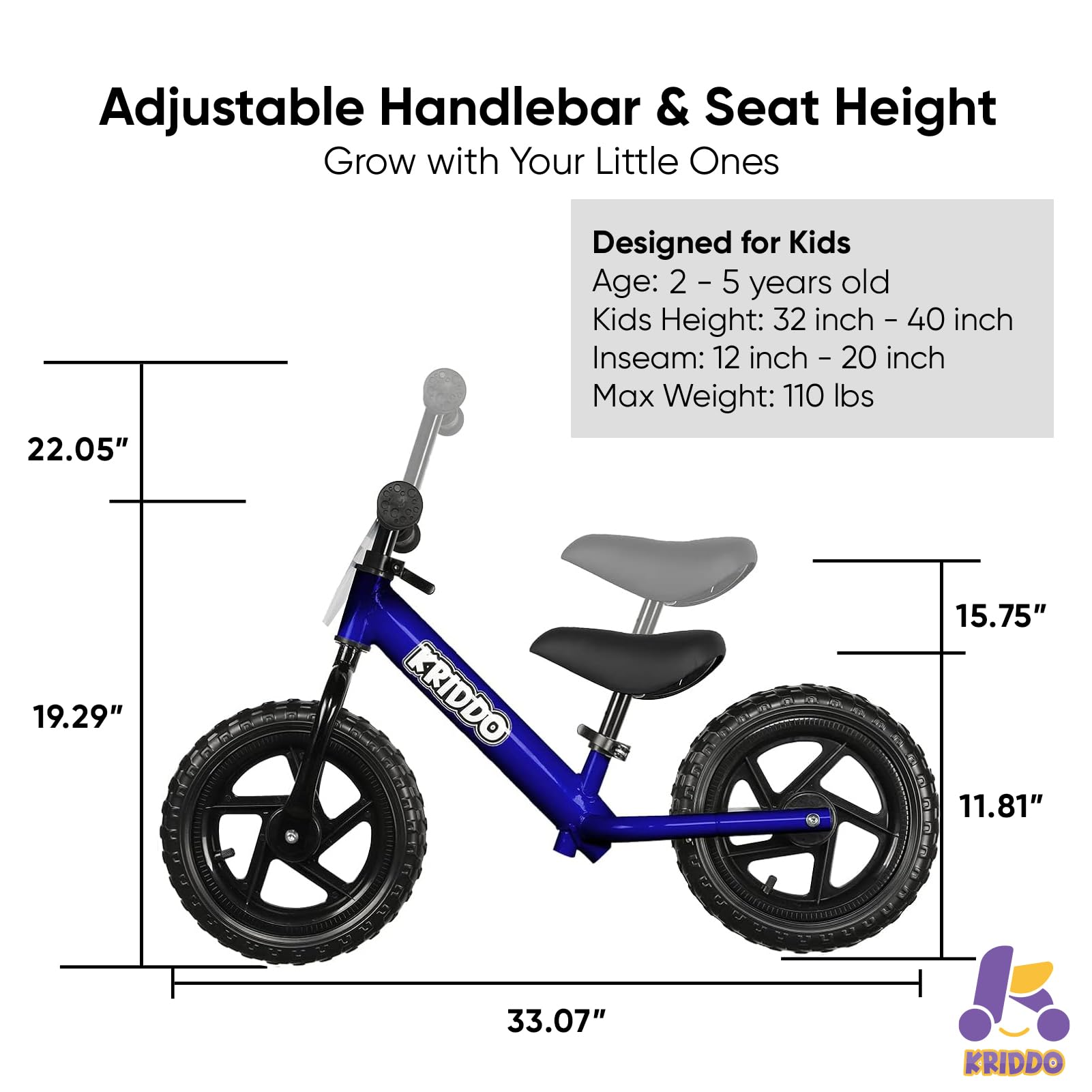 KRIDDO Toddler Balance Bike 2 Year Old, Age 18 Months to 5 Years Old, 12 Inch Push Bicycle with Customize Plate (3 Sets of Stickers Included), Gift Bike for 2-3 Boys Girls, Blue