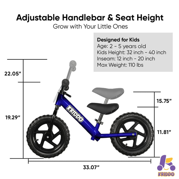 KRIDDO Toddler Balance Bike 2 Year Old, Age 18 Months to 5 Years Old, 12 Inch Push Bicycle with Customize Plate (3 Sets of Stickers Included), Gift Bike for 2-3 Boys Girls, Blue