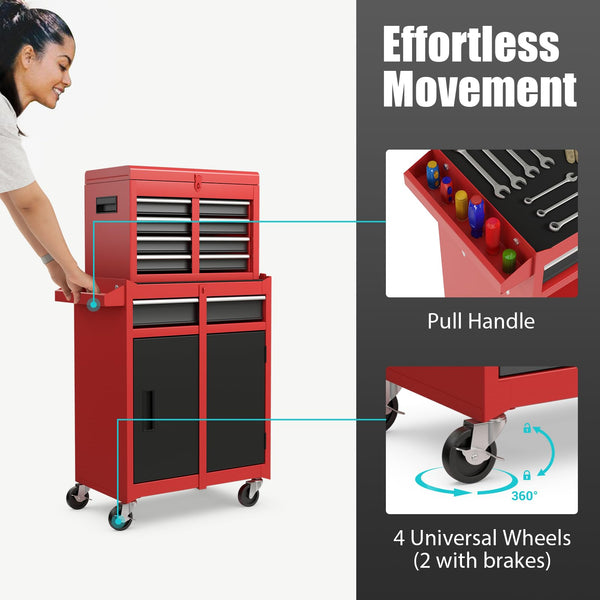 COSTWAY Large Rolling Tool Cabinet, 2-in-1 Detachable Metal Tool Chest with Drawers, Wheel, Handle, Hooks & Pegboard, Lockable Tool Box Trolley for Garage Workshop (with Middle Compartment, Black)