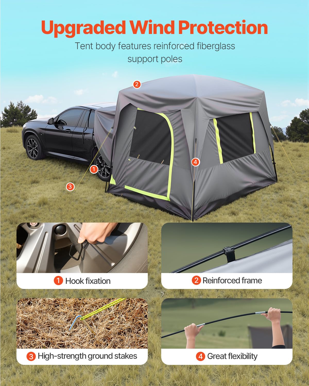 VEVOR Waterproof PU2000mm Spacious Double Layer Design, SUV Camping Tent with Shade Awning and Mesh Windows, Includes Rainfly and Storage Bag