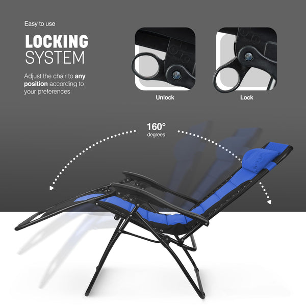 KEPLIN Set of 2 XXL Premium Heavy Duty Padded Zero Gravity Chairs - Luxurious Garden Recliners, Adjustable Headrest, Cup & Phone Holder, Foldable, Easy to Clean Patio Sun Loungers(Black)