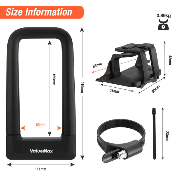 ValueMax Bike Lock, High Security Bike U Lock 17mm, with Sturdy Mounting Bracket and Keys, D Cycling Lock for Bicycles/Motorcycles/Scooters/Collapsible Doors