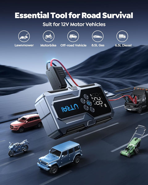 4500A Car Battery Booster Jump Starters with 150PSI Air Compressor/18W Fast Charging/LED Flashlight,UTRAI Jump Starter Power Pack,Portable Powerbank Charger,and Jump Leads for 8.5L Gas/6.5L Diese