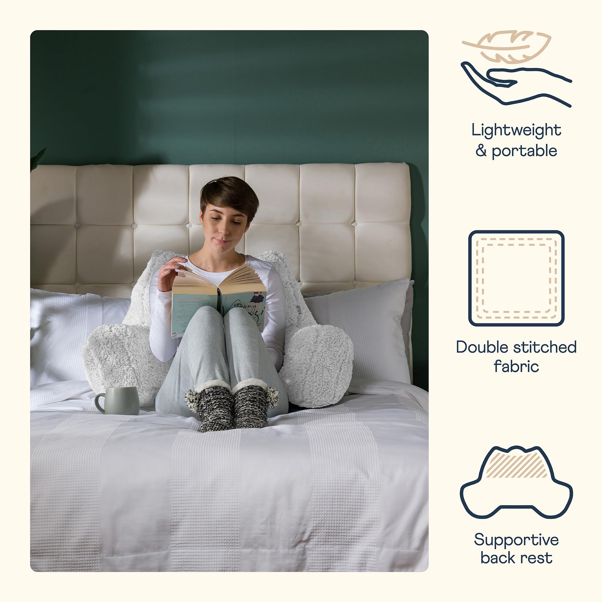 icon Teddy Bear Fluffy Fleece Cuddle Cushion, Cream, Reading Pillow, Back Support Cushion, Back Support Pillow for Bed with filling included, Ideal as