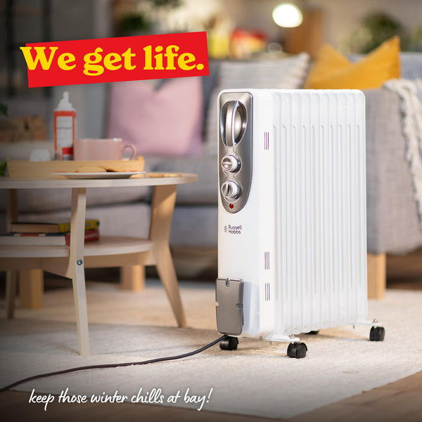 Russell Hobbs 1500W/1.5KW Oil Filled Radiator, 7 Fin Portable Electric Heater - White, Adjustable Thermostat with 3 Heat Settings, Safety Cut-off, 15 m sq Room Size, RHOFR5001, 2 Year Guarantee
