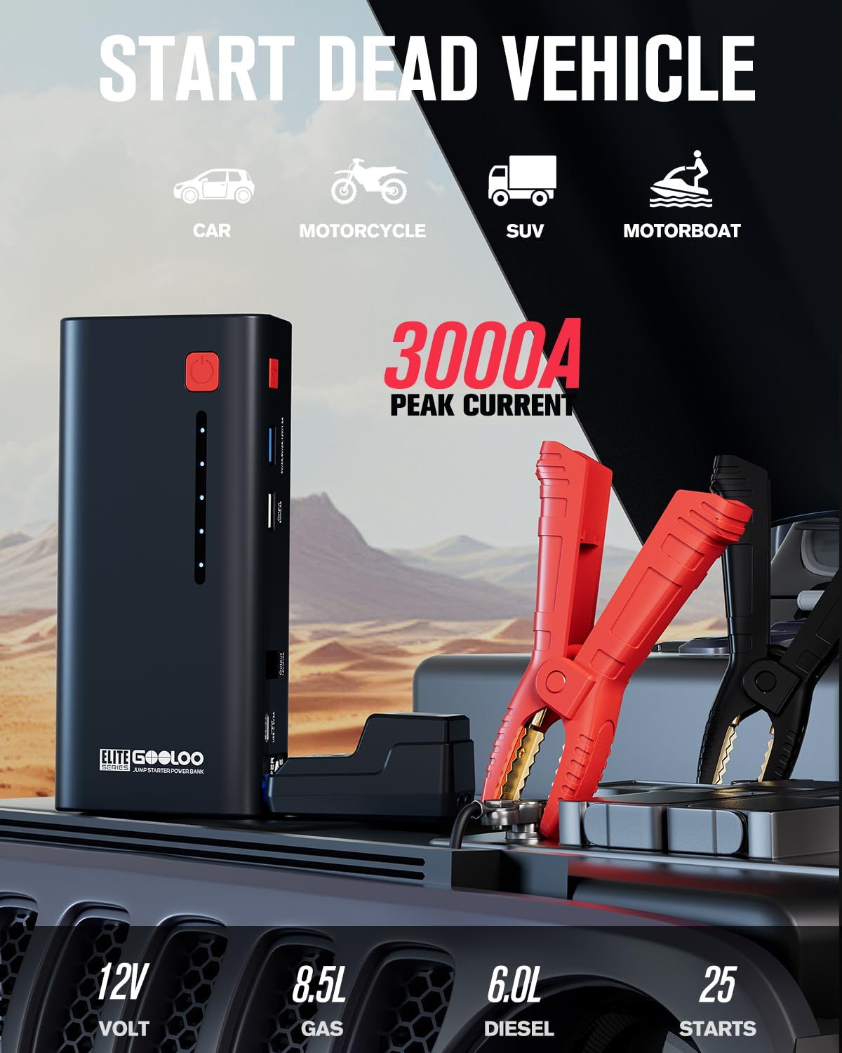 GOOLOO New GP2000 Jump Starter 2000A Car Starter Battery Pack (Up to 8.0L Gas, 6.0L Diesel Engine),12V Car Battery Charger Jumper Starter, Portable Lithium Jump Box with USB Quick Charge