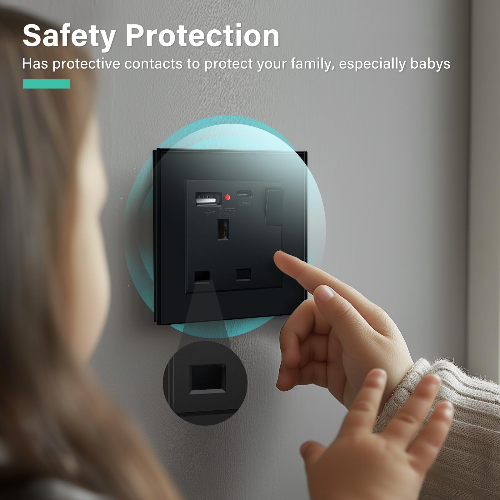 BSEED Double Socket 13A with LED Indicator, Double Switched Wall Socket 2 Gang UK Standard, Electric Switched Plug Power Wall Outlet with Glass Panel, Grey