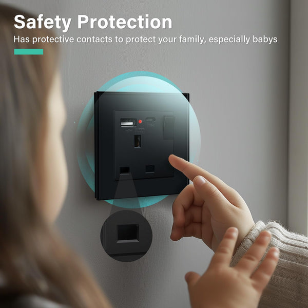 BSEED Double Socket 13A with LED Indicator, Double Switched Wall Socket 2 Gang UK Standard, Electric Switched Plug Power Wall Outlet with Glass Panel, Grey