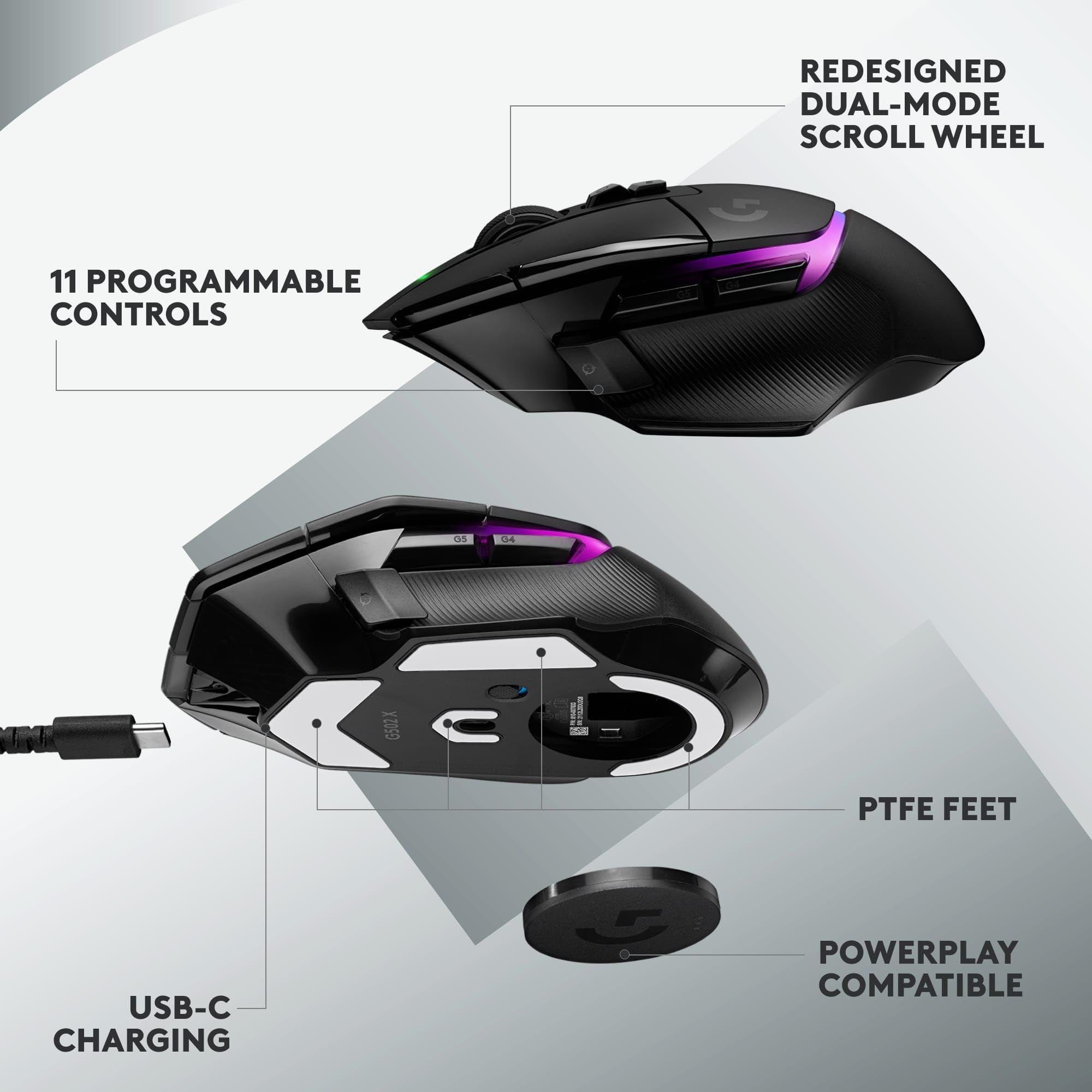 Logitech G G502 X PLUS LIGHTSPEED Wireless RGB Gaming Mouse - Optical mouse with LIGHTFORCE hybrid switches, LIGHTSYNC RGB, HERO 25K gaming sensor, compatible with PC - macOS/Windows - Black