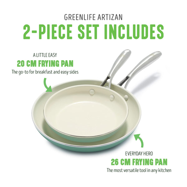 GreenLife Artizan Healthy Ceramic Non-Stick 20 cm and 26 cm Frying Pan Skillet Set, Stainless Steel Handle, PFAS-Free, Induction, Oven Safe, Turquoise