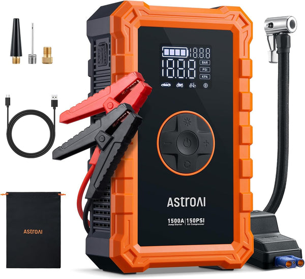 AstroAI Jump Starter Power Pack with Air Compressor, 12V Portable Car Battery Booster Jump Starter and 150PSI Tyre inflator Power Pack with Emergency Light, LED Display