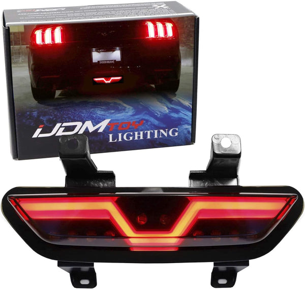 iJDMTOY Smoked Lens LED Rear Foglamp Compatible with 2015-2017 Ford Mustang, Full Red LED Tail Light Assembly Functions as Reverse Light & Rear Fog Light