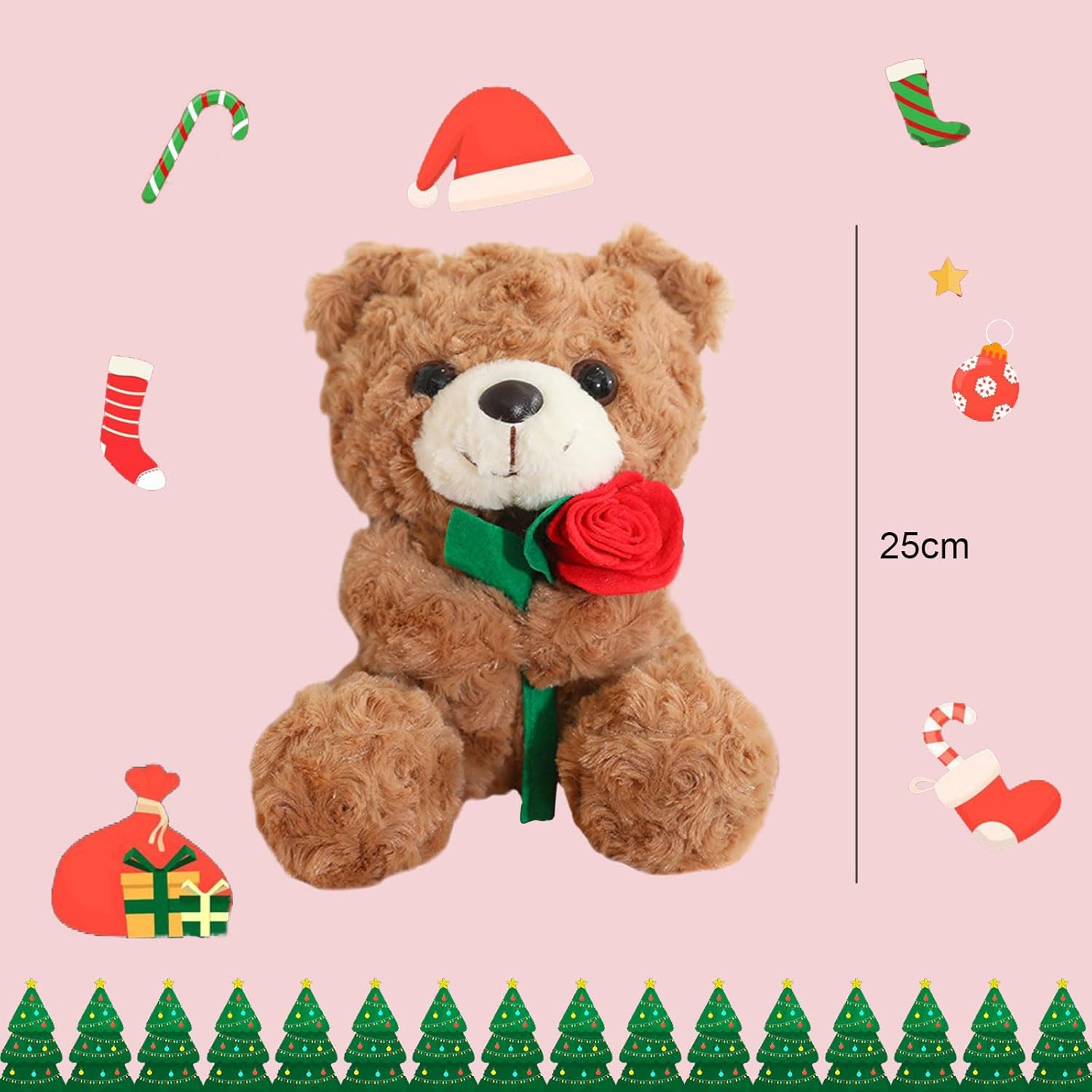 Christmas Teddy Bear Plush Toy, 25cm Cuddly Christmas Cute Soft Plush Toy With Rose,Christmas Stuffed Pillow Doll, Xmas Stuffed Animals Gifts for Kids Girlfriends Boyfrieds