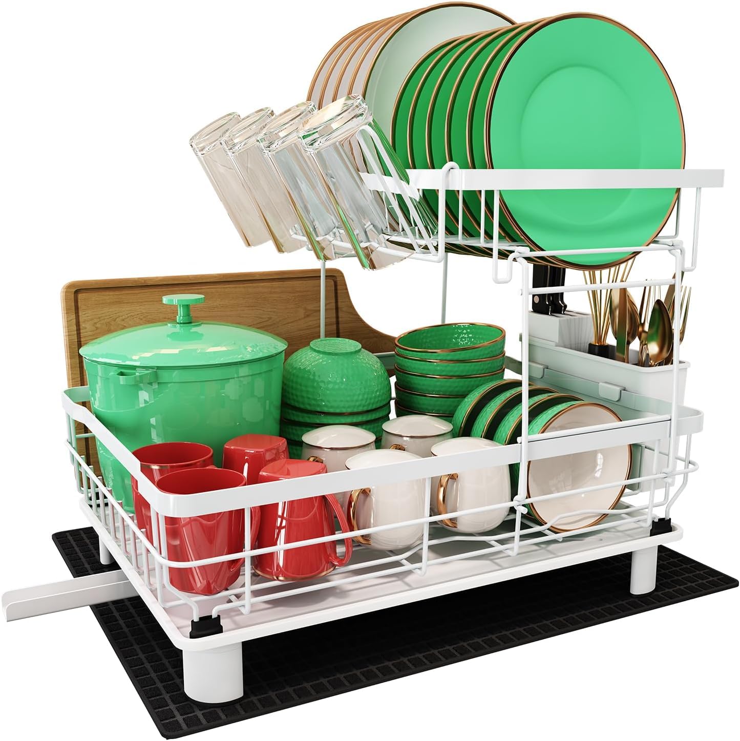2 Tier Dish Drainer Rack, 2 Tier Dish Drainer with Drip Tray and Drying Mat, Stainless Steel Dish Drying Rack with 360 Swivel Drainage Spout, Utensil