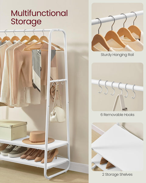 VASAGLE Clothes Rail, Clothes Rack with 2 Shelves, 6 S-Shaped Hooks, Steel Frame, for Bedroom, Rustic Brown and Black RGR112B01