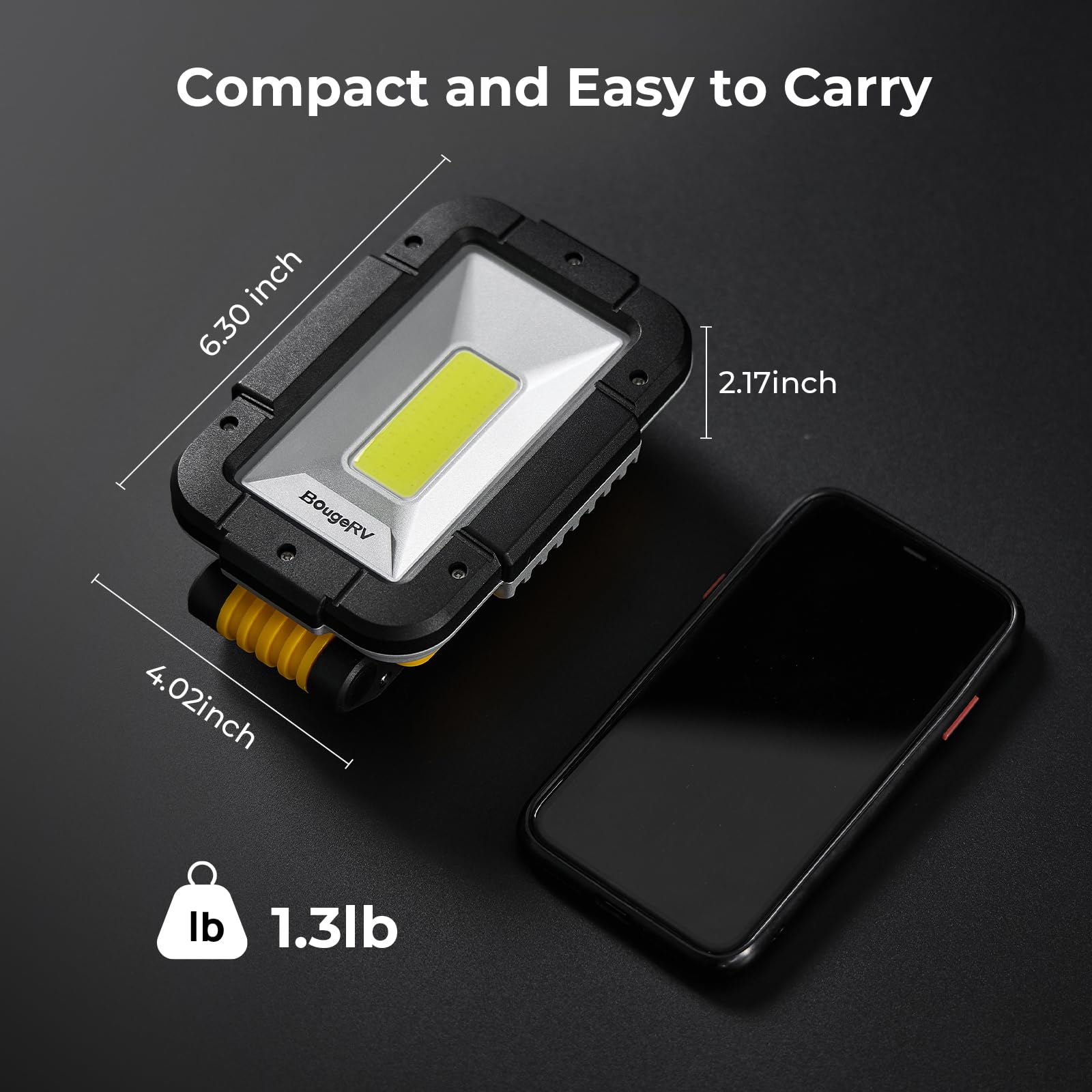 BougeRV WL01 PRO Work Light Rechargeable, 1500 Lumens Magnetic Inspection Light, Portable Lamp with 180° Rotating Stand & Hook, Multiple Lighting Modes for Car Repair, Camping, Outdoor, Emergency