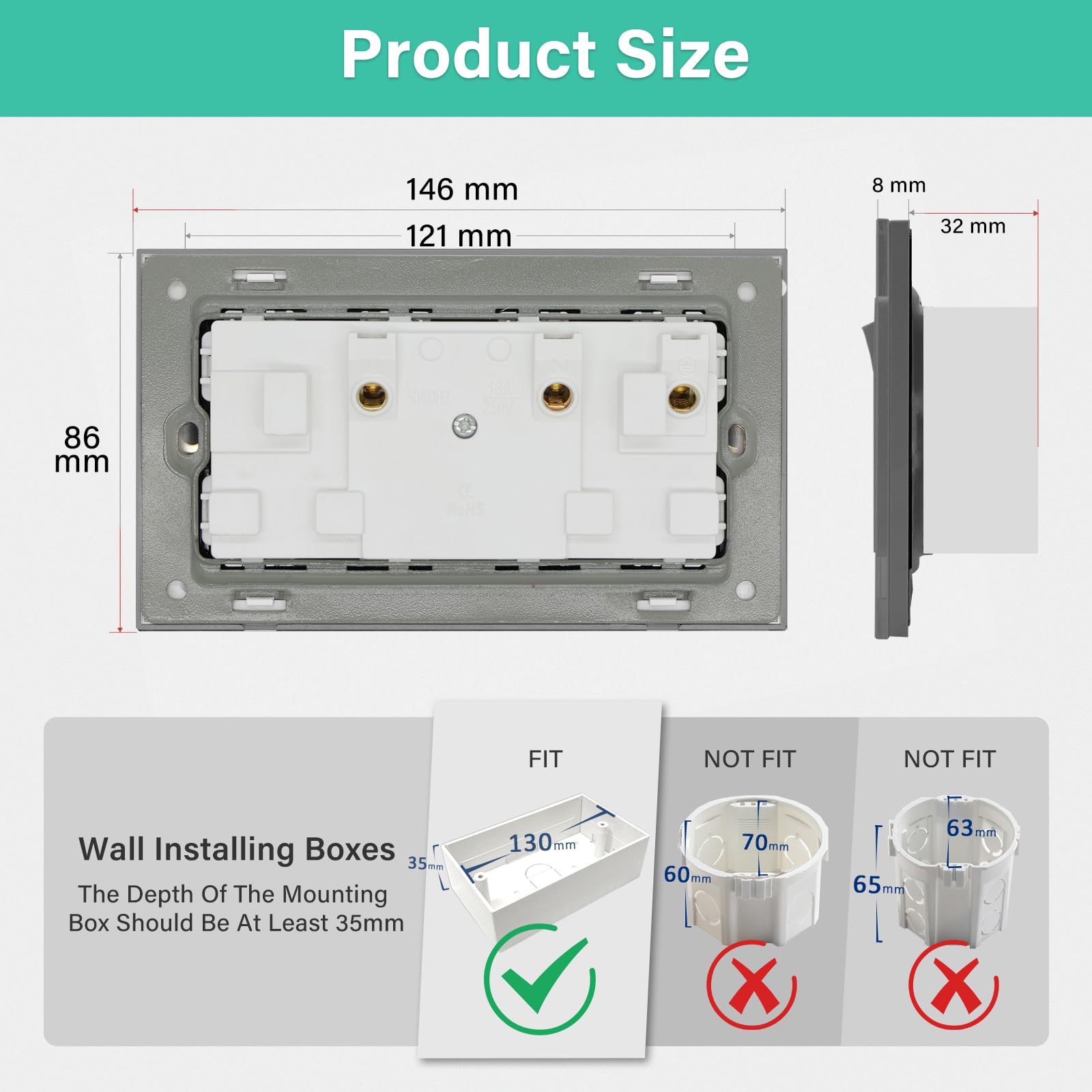 BSEED Double Socket 13A with LED Indicator, Double Switched Wall Socket 2 Gang UK Standard, Electric Switched Plug Power Wall Outlet with Glass Panel, Grey