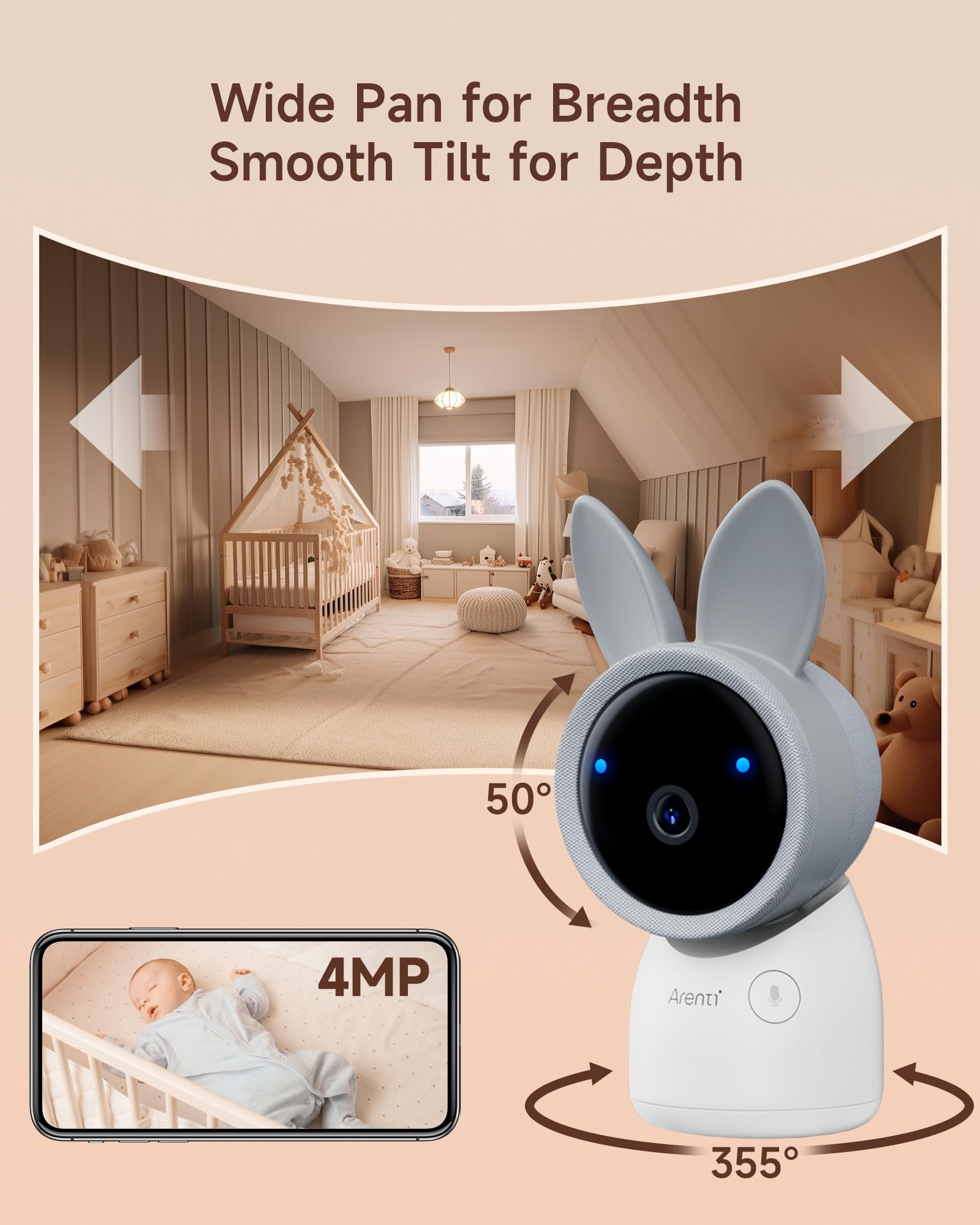 ARENTI 2.5K 5Ghz&2.4G Wifi Baby Monitor with Camera,5-inch 720P Display,Night Vision,Pan Tilt,Night Light,Auto Track,3350mAh Battery,Cry&Motion Detection,2-Way Talk,App&Screen Control