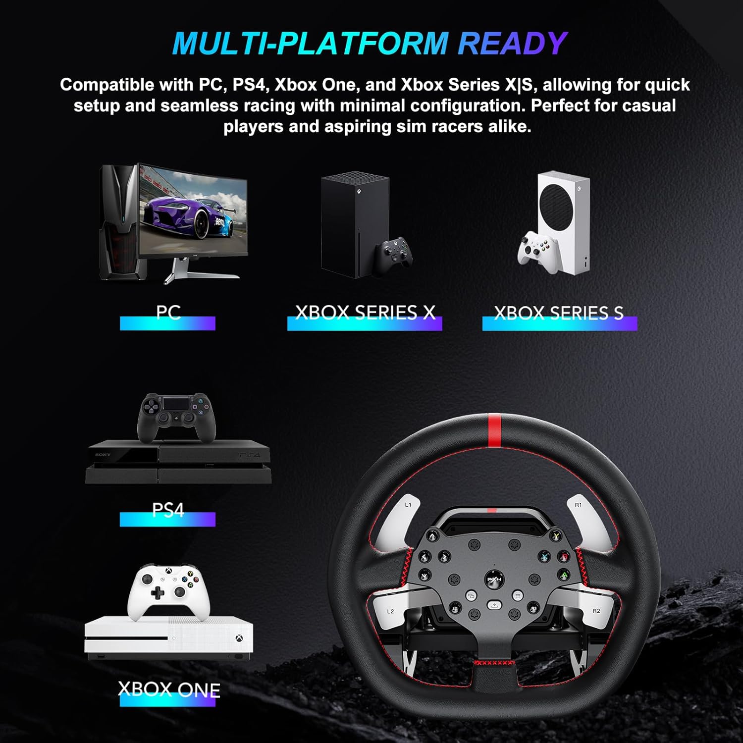 PXN V10 Ultra Direct Drive Gaming Steering Wheel with Pedals – 3.2Nm Force Feedback Servo Base, App Support, PD HM Throttle & Brake Pedals, 270mm Rim – Sim Racing Wheel for PC / PS4 / Xbox