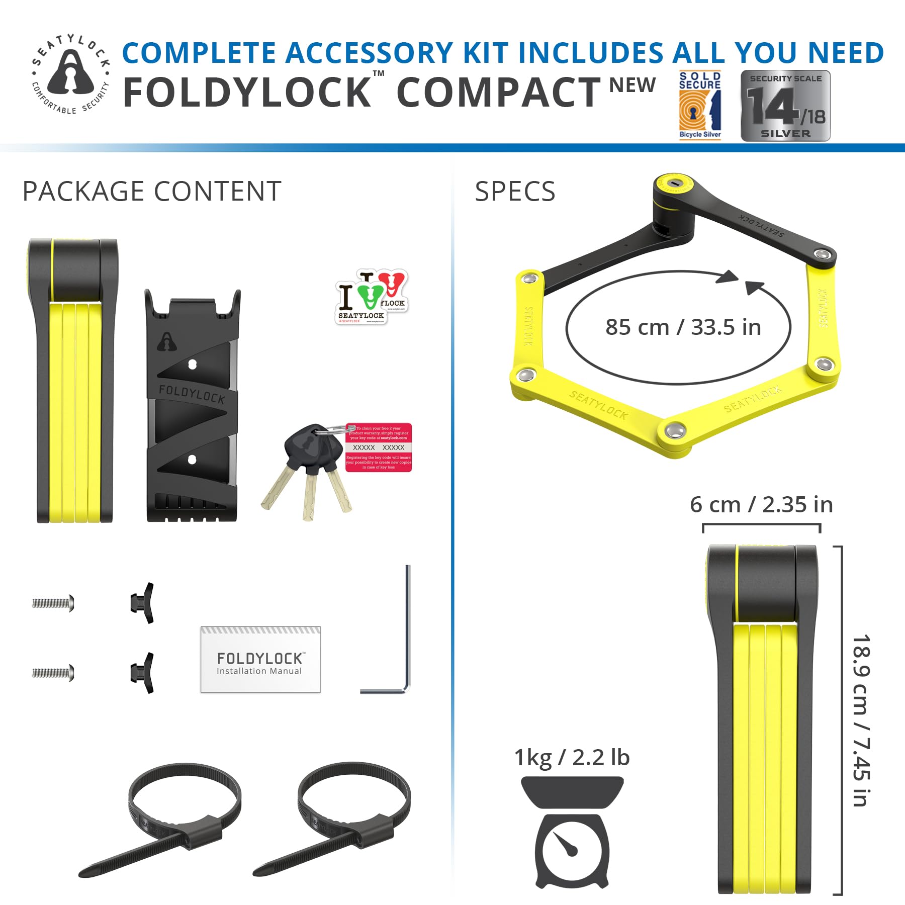 FoldyLock Compact Folding Bike Lock - Award Winning Patented High Security Cut Proof Bicycle Lock - Heavy Duty Anti Theft Smart Secure Guard with Key