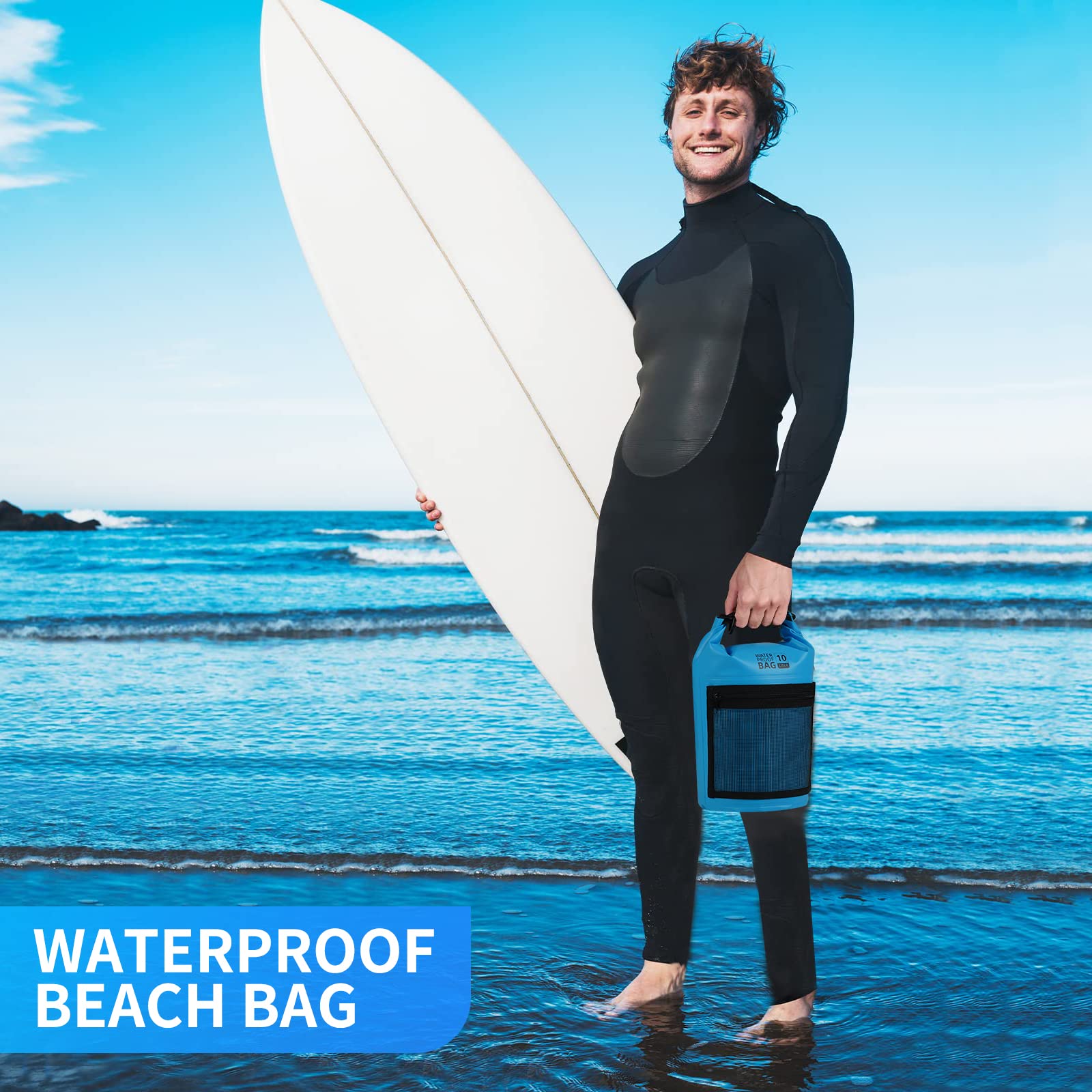 Bojury Waterproof Dry Bag Backpack 30L with Mesh Pocket Adjustable Strap - Roll Top Portable Dry Sack for Kayaking Boat Tour Canoe Swimming Snow Boarding-Blue Fishing Rafting