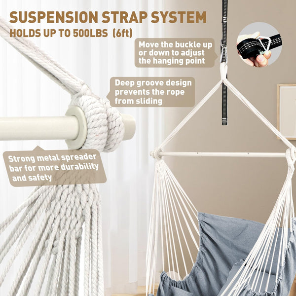 Chihee Hammock Chair Hanging Chair with Foot Rest 2 Cushions Max 550lbs Robust Metal Spreader Bar Collapsible Easy Storage Soft Cotton Swing Chair