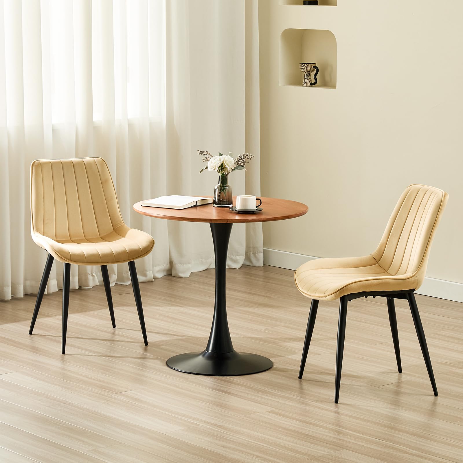 LONGTOO Set of 6 Dining Chairs with Velvet Upholstered Seat & Backrest,Stable Metal Legs,Modern Stripe Design,Champagne