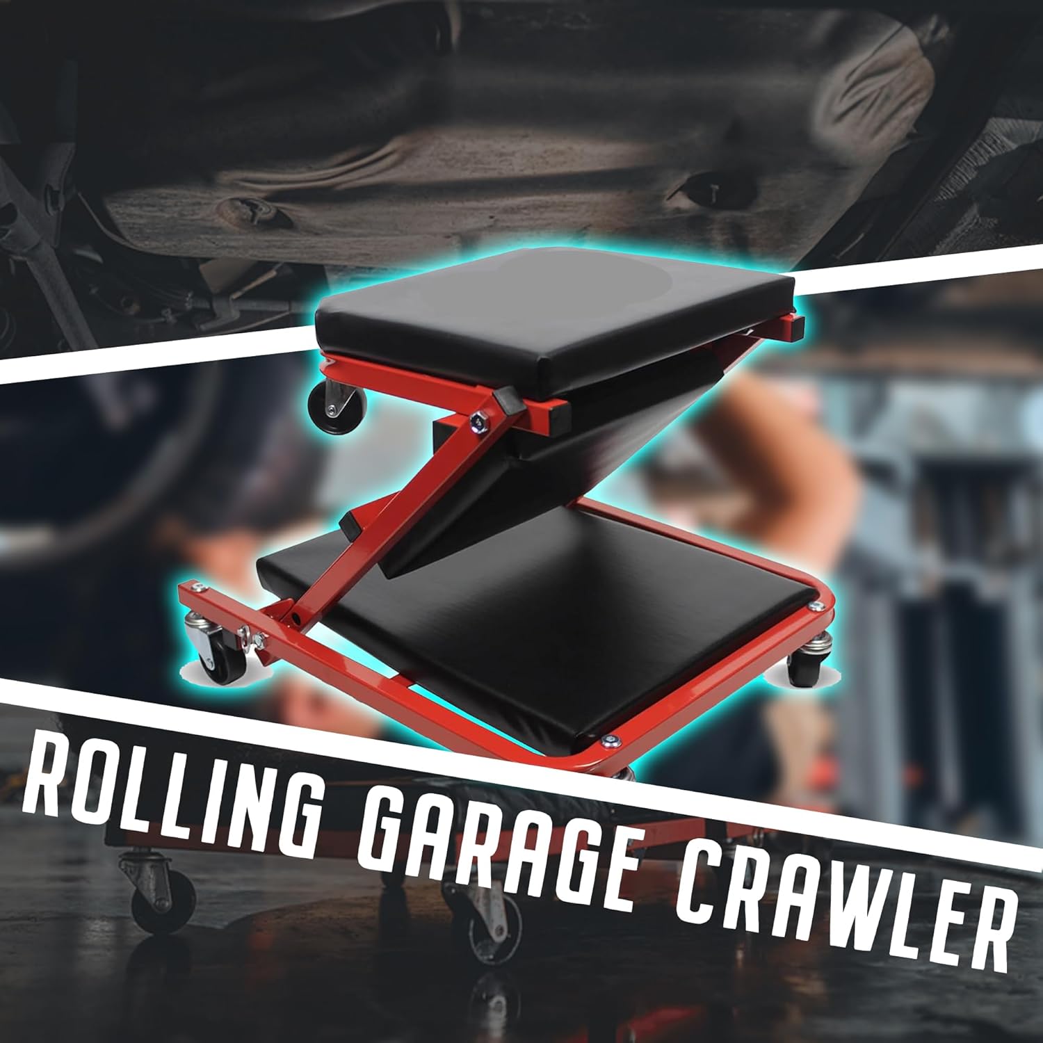 2-in-1 Folding Car Creeper and Seat, 36Inch Padded Mechanics Creeper Stool with 6 Rotatable Wheels, Rolling Garage Work Crawler Board Bench, Maximum Load 150 KG (Red, 36 Inch)