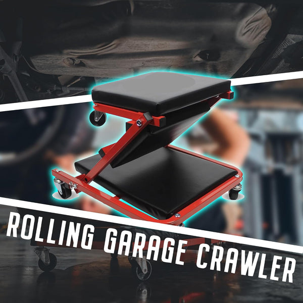 2-in-1 Folding Car Creeper and Seat, 36Inch Padded Mechanics Creeper Stool with 6 Rotatable Wheels, Rolling Garage Work Crawler Board Bench, Maximum Load 150 KG (Red, 36 Inch)