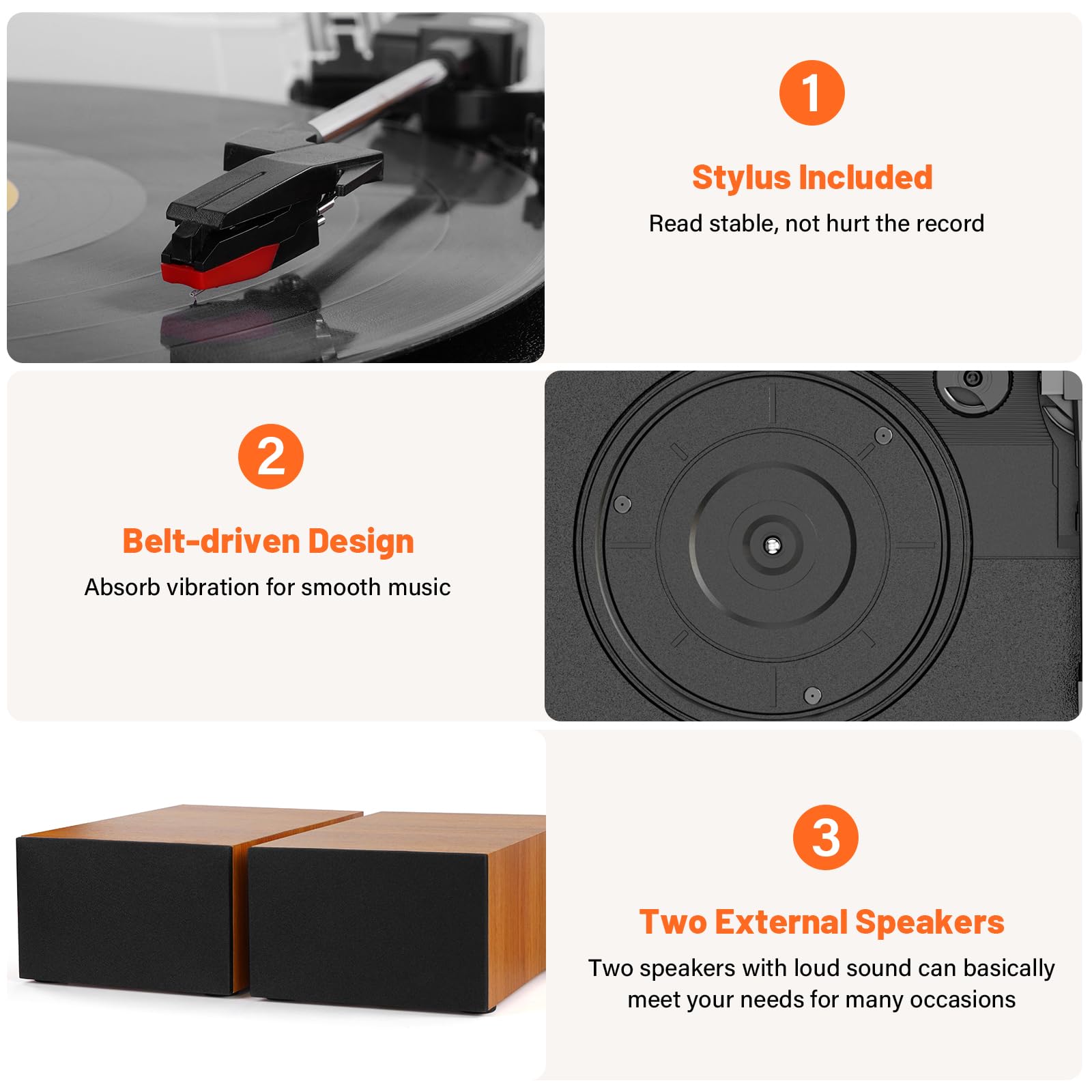 Retro Vinyl Record Player Bluetooth Desktop Phonograph Belt-Drive Turntable with External Speakers,Dual Stereo Speakers LP Players AUX Headphone Input RCA Out, 3 Speeds 3 Sizes Wood Brown