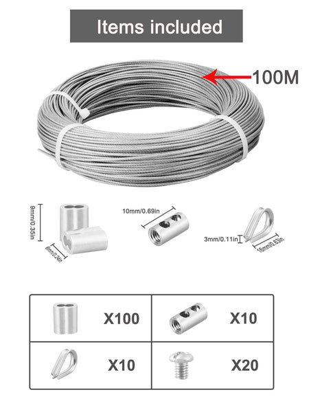 Abimars Wire Rope 2mm, 6m Stainless Steel Garden Wire Rope Cable with Crimping Aluminum, 7x7 Strand Core Metal Cable Wire Rope for Fence, Picture Hanging,Clothes Line